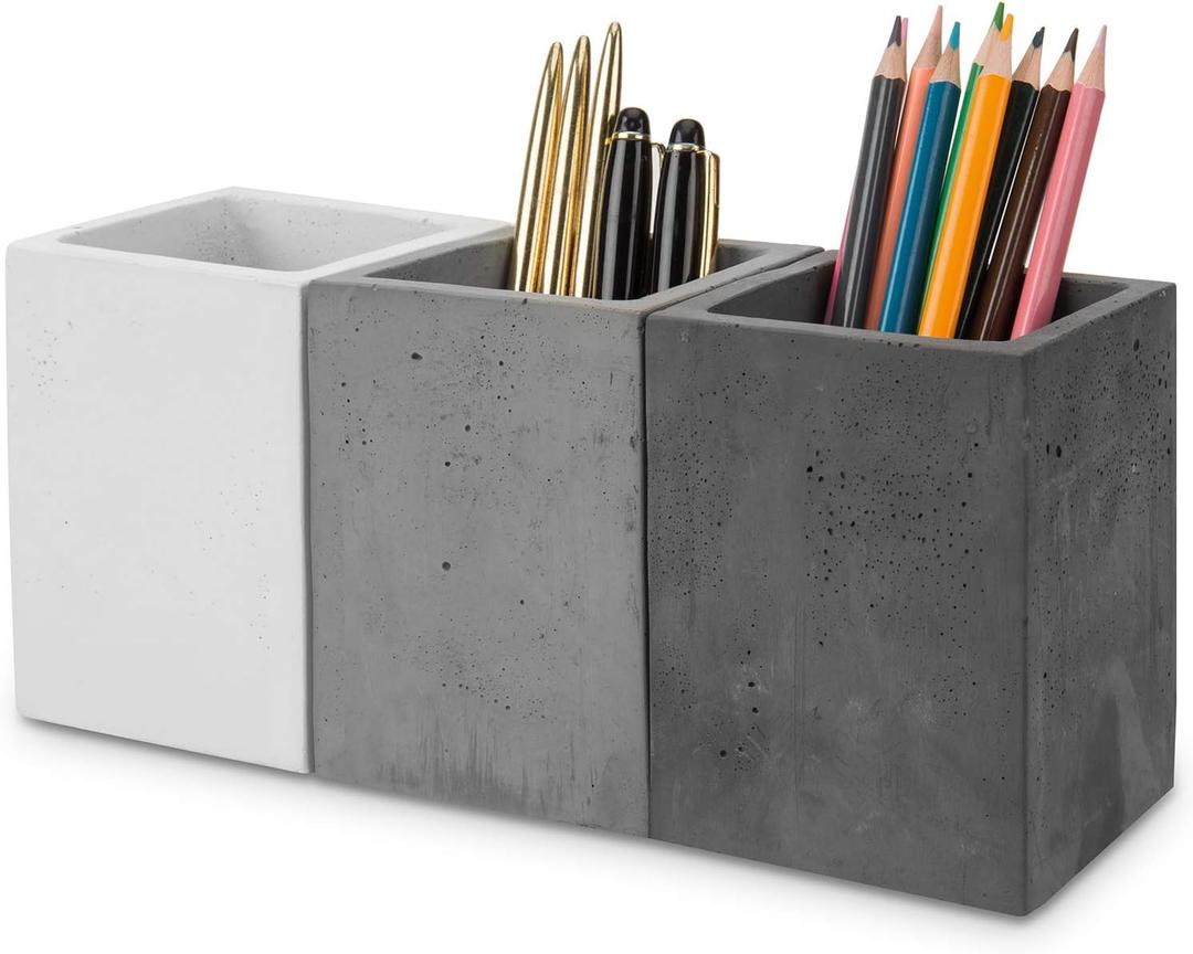 MyGift Pen Holder Pencil Holder For Desk, Pen Cup Holder For Desk, Concrete Desktop Pencil Cup, Modern Gray-Tone, Set of 3 (White-Gray-Black)