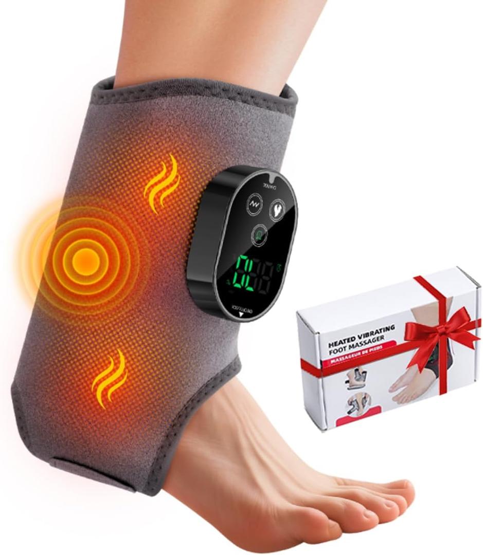 Ankle Massager,3-in-1 Wearable Hot & Vibration Massager for Feet, Ankles, and Arms | Reusable Heating Pad Brace for Home Recovery (Grey)