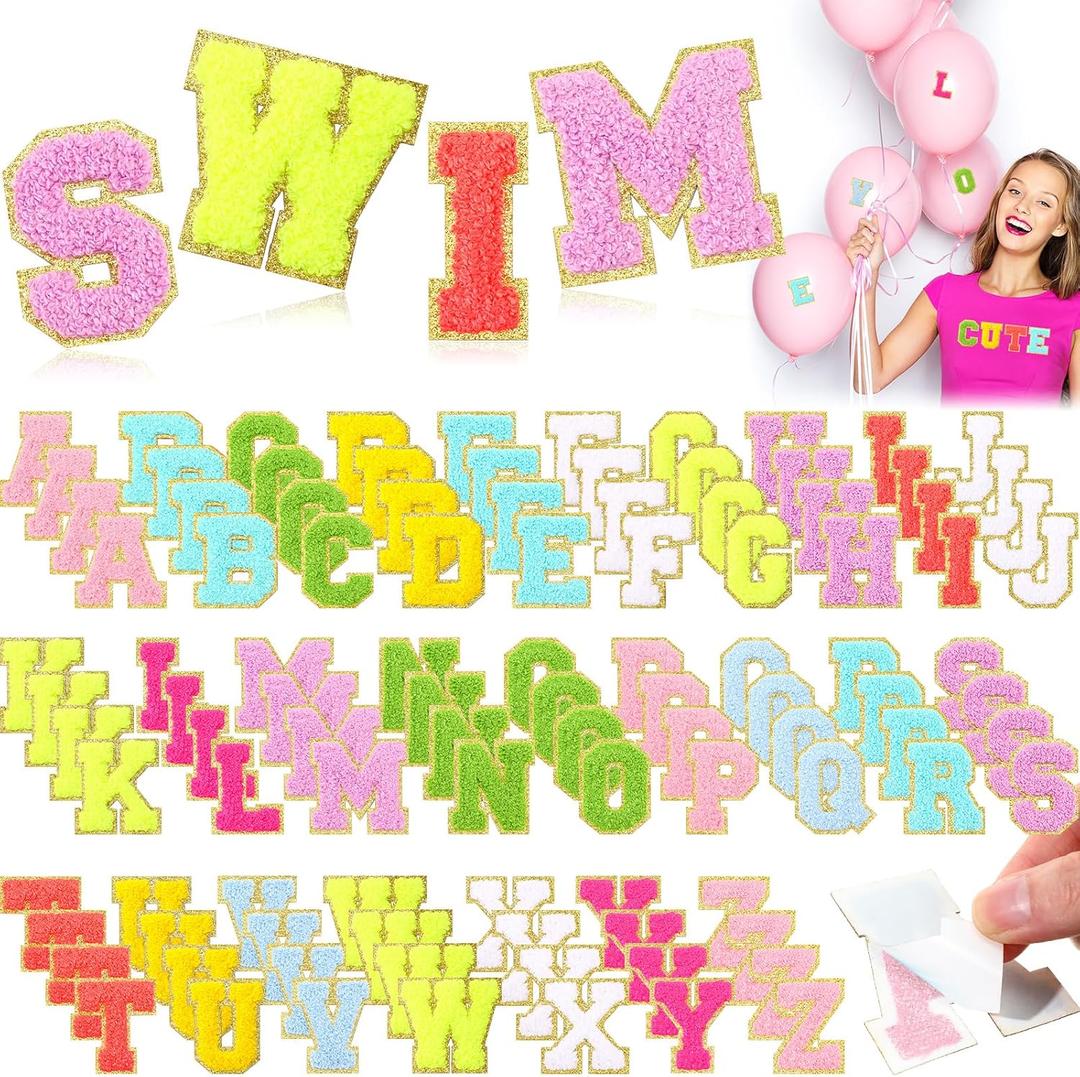 Jutom 104 Pcs Self Adhesive Chenille Letter Patches Letter Patches Chenille Stick on Embroidered Patch for Clothing Jackets Backpacks Hats(Classic,Fresh Colors)