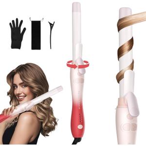 Extra-Long Barrel Rotating Curling Iron with Short Clamp, Automatic Curling Iron 1 Inch Creates Loose Curls for Medium and Long Hair, High Heat 410F, Instant Heat up, Double Ceramic, Dual Voltage