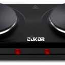 CUKOR Double Cast Iron 2 Burner, 1800W Countertop Burner, Dual Electric Stove Burners, Portable Double Burner for Cooking (Black)