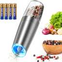 CIRCLE JOY Stainless Steel Graviry Electric Pepper Grinder Automatic Salt Grinder Pepper Griner Mill Electric, Battery Operated, LED Light, Adjustable Coarseness, for Home Kitchen BBQ, Silver