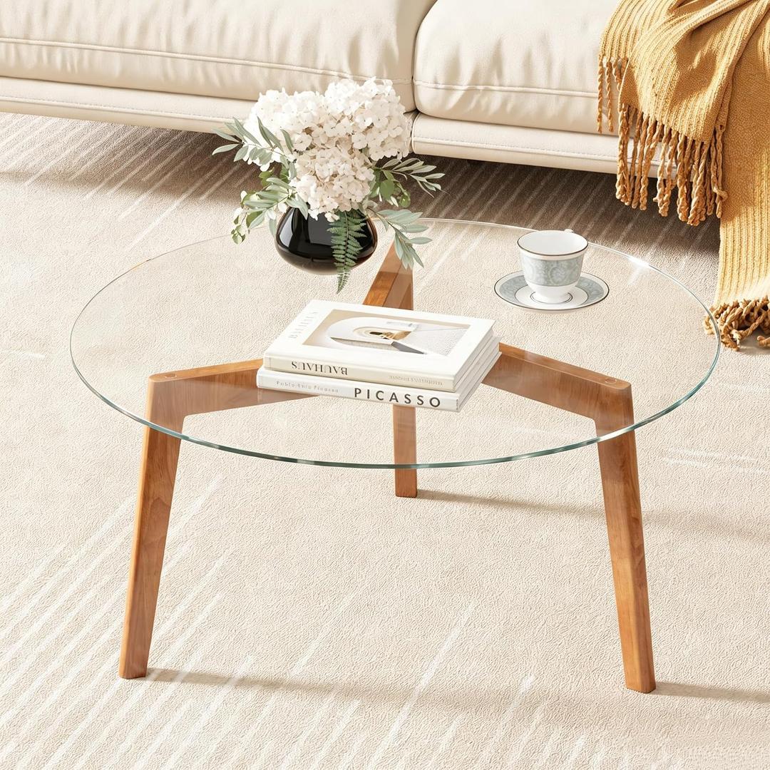 Glass Coffee Table, Small Round Coffee Tables with Solid Wood Legs, Mid Century Modern Center Table with Glass Top for Small Spaces, Living Room, 31.5x31.5x15.4