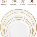 200PCS White Plastic Plates with Gold Rim, Disposable Heavy Duty Plastic Plate, 100 Dinner and 100 Dessert Plates for Party and Wedding
