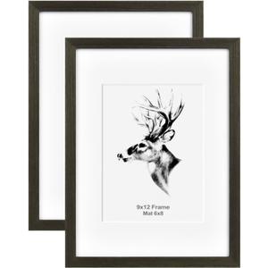 Yaetm 9x12 Black Wood Picture Frame with Mat for 6x8 Set of 2, Solid Wood Photo Frames with Tempered Glass, 9 by 12 Frames for Horizontal and Vertical Wall Mounting (2 pack, Anthracite Black)