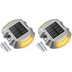 Solar Deck Lights Driveway Dock Lights, 2-Pack Led IP68 Waterproof Outdoor Warning Step Light for Driveway Sidewalk Garden Pathway Yard(Warm White)