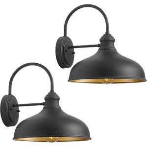 12in Farmhouse Barn Light Outdoor, 2 Pack Garage Exterior Matte Black Gooseneck Sconce with Brass Interior, Large Outside Porch Door Wall Mount Lights for Patio, Entryway, Balcony, 12" Dome