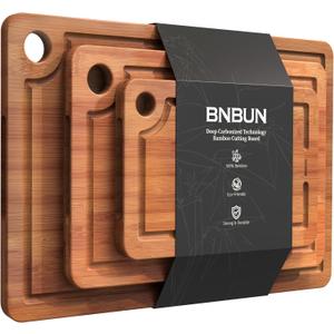 Bamboo Cutting Board for Kitchen, 3-Piece Wooden Cutting Board Set with Deep Juice Grooves, Side Handles, Non-Slip Mats, Reversible Chopping Boards for Meat, Veggies, Fruit, Cheese Serving