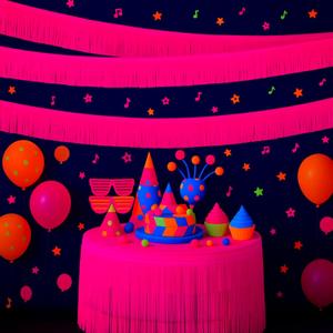 Tingjoo 12 Pack 120ft Glow in The Dark Party Supplies Neon Foil Fringe Garland Pink Parade Float Neon Party Decorations Fluorescent Glow Tinsel Streamer Banner Table Skirt for 80s Birthday Holiday