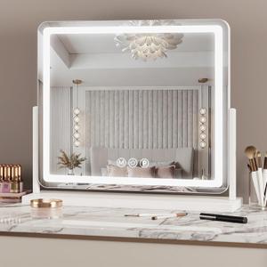 Suidia Vanity Mirror with Lights, 22"20" LED Makeup Mirror with Light, Smart Touch with 3-Color Lighting, 360Ratation for Vanity Desk Tabletop,White,Lamp Belt Style