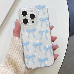 UEEBAI Bow Case for iPhone 15 Pro Max,Bling Glitter Ribbon Cover for Girl Women Clear Cute Slim Lightweight Pretty Pattern Anti-Yellowing Shockproof Protective Case - Blue