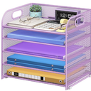 5 Tier Paper Organizer with Handle, Metal Mesh Desk Organizer File Folder Paper Letter Tray Desktop Document Sorter for Classroom, School, Office Accessories Organization and Storage - Purple