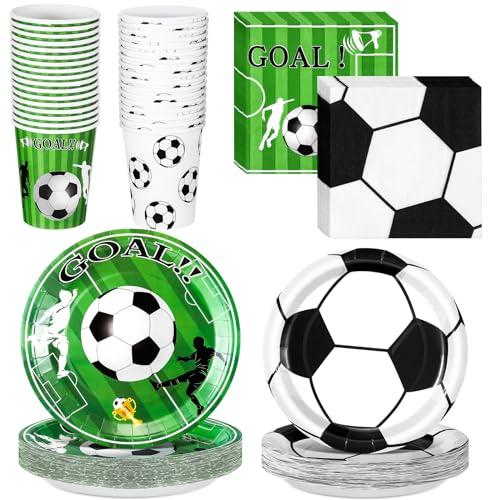 Domensi 200 Pcs Soccer Birthday Party Supplies for 50 Guests Includes 7 Inch 9 Inch Soccer Paper Plate 9 oz Disposable Cups and Napkins for Soccers Birthday Tableware Set Sports Party Decorations