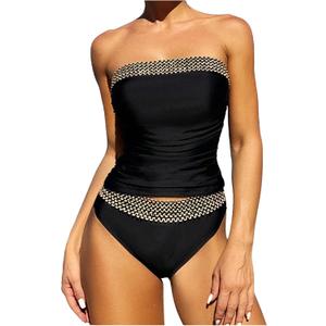 WDIRARA Women's 2 Piece Color Block Tankini Set Bandeau Strapless Ruched Bathing Swimsuit (Black Boho)