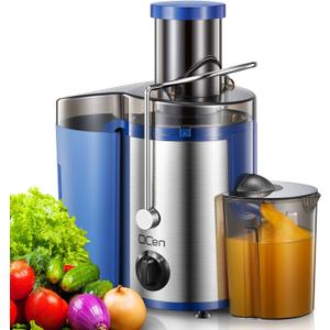 QCen Juicer Machine, 500W Centrifugal Juicer Extractor with Wide Mouth 3 Feed Chute for Fruit Vegetable, Easy to Clean, Stainless Steel, BPA-free (Blue)