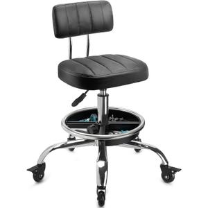 Garage Mechanic Stool with Backrest, Height Adjustable Heavy Duty Swivel Task Chair, Rolling Workshop Stool with Tool Tray Storage, Mechanic Chair for Garage, Shop, Auto Repair (Style 1), 14.2" x 17.3" x 9.8"