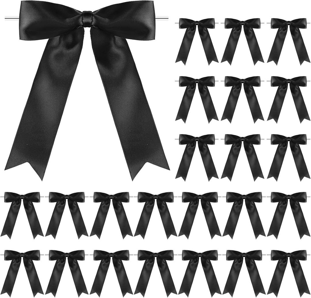 Riceshoot 24 Pcs Satin Ribbon Twist Tie Bows 5x7'' Large Decorating Ribbon Gift Bows Christmas for Gift Wrapping Champagne Bottle Cake Treat Bag Valentine's Day Wedding Birthday Party(Black)
