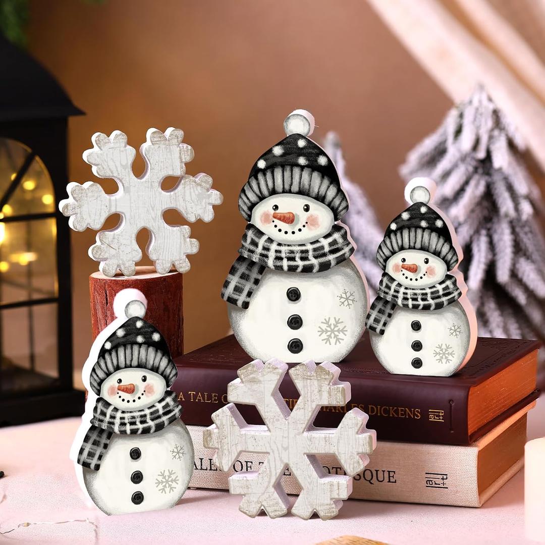 Yousoontic 5 Pcs Winter Table Decorations Wooden Snowman Black and White Snowman Snowflake Tiered Tray Decor Christmas Table Centerpiece Snowflake Signs Winter Decorations for Home Kitchen Office