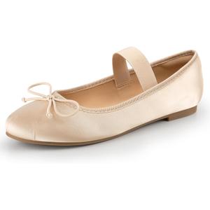 Trary Ballet Flats for Women Closed Round Toe Mary Jane Shoes Women Cute Bowknot Non-Slip Dressy Shoes Elastic Strap Comfortable Women's Flats for All-Year Daily Work Causal (7, Apricot)