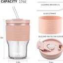 Glass Juice Bottles with Lids and Straws,16oz/480ml Reusable Iced Coffee Glasses,Cold Brew Tumblers with Leakproof Lids,BPA-Free Glass Jars for Juicing,Matcha,Tea,Smoothie (Pink with Sleeve)