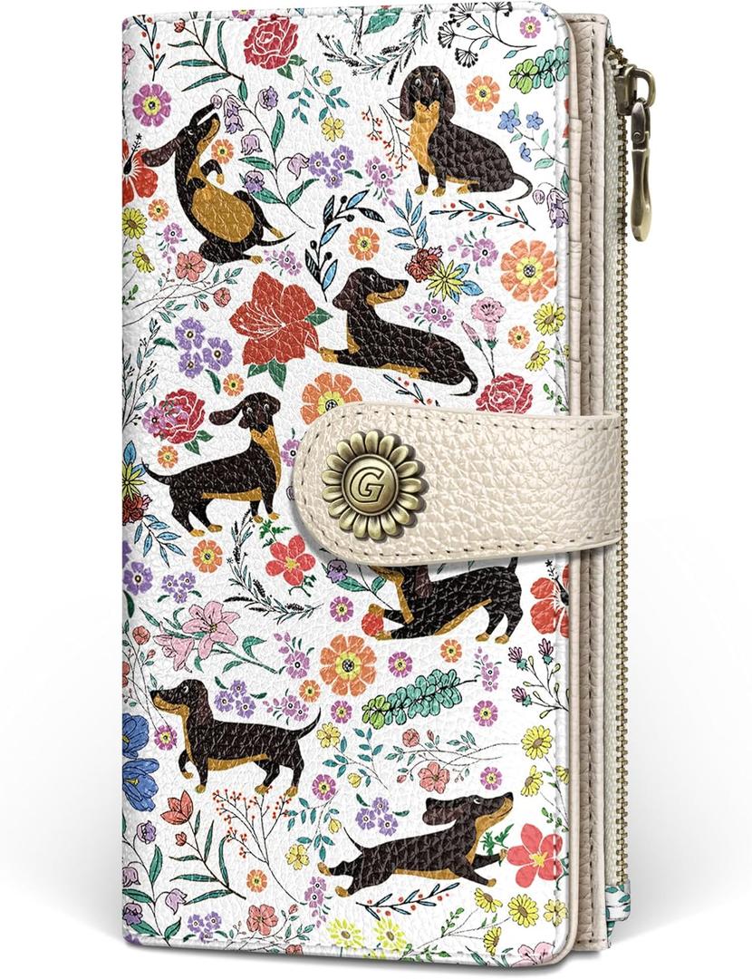 GIANCOMICS Dachshunds Dog Womens Wallet RFID Blocking, Puppy Flower Credit Card Holder Bifold, PU Leather Travel Billfold, Long Cute Cash Purse, Zipper Coin Pocket Clutch, Card Slot, Ladies Gift Woman