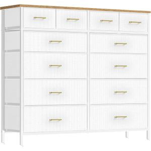VASICAR White Dresser for Bedroom with 12 Deep Drawers, Wide Chest of Drawers, 55" TV Stand with Retro Wood Top, Tall Fabric Dresser for Closet, Nursery