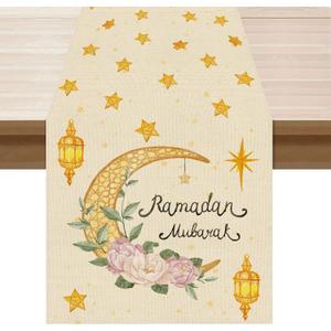 XCHI Watercolor Stars and Moon Flowers Lantern Ramadan Mubarak Table Runner Table Decoration for Party Home Kitchen Dining Holiday Decor 13x90 Inch