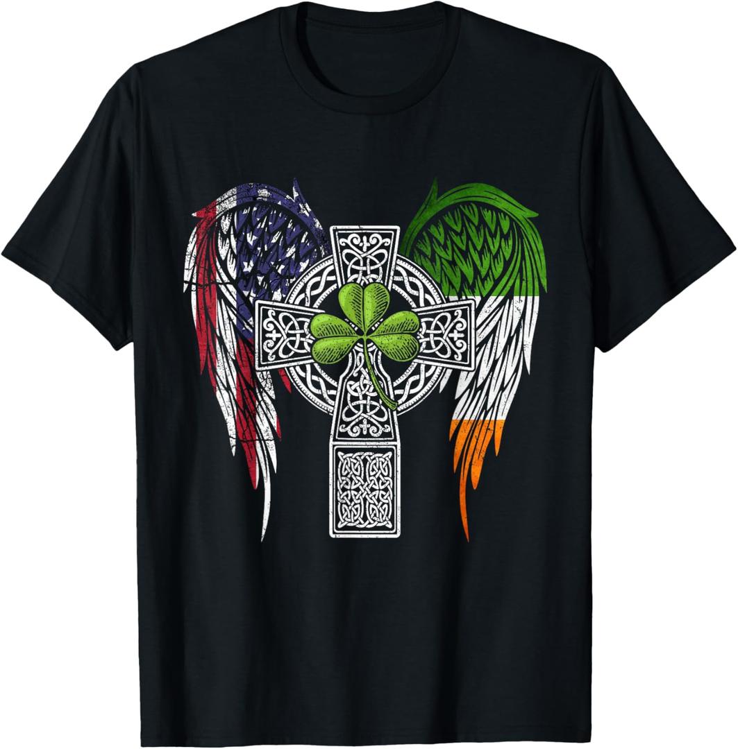 USA Flag Celtic Cross Irish American St Patrick's Day T-Shirt, XS 