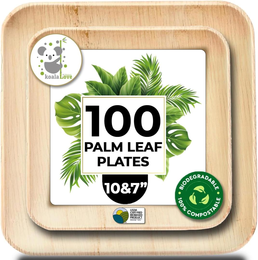Koala love Palm Leaf Plate Bamboo Paper Plates Disposable 10 Inch & 7 Inch Bulk Party Pack Eco Compostable Biodegradable Wooden Plate Best Alternative To Plastic Paper Plates (10&7 100)