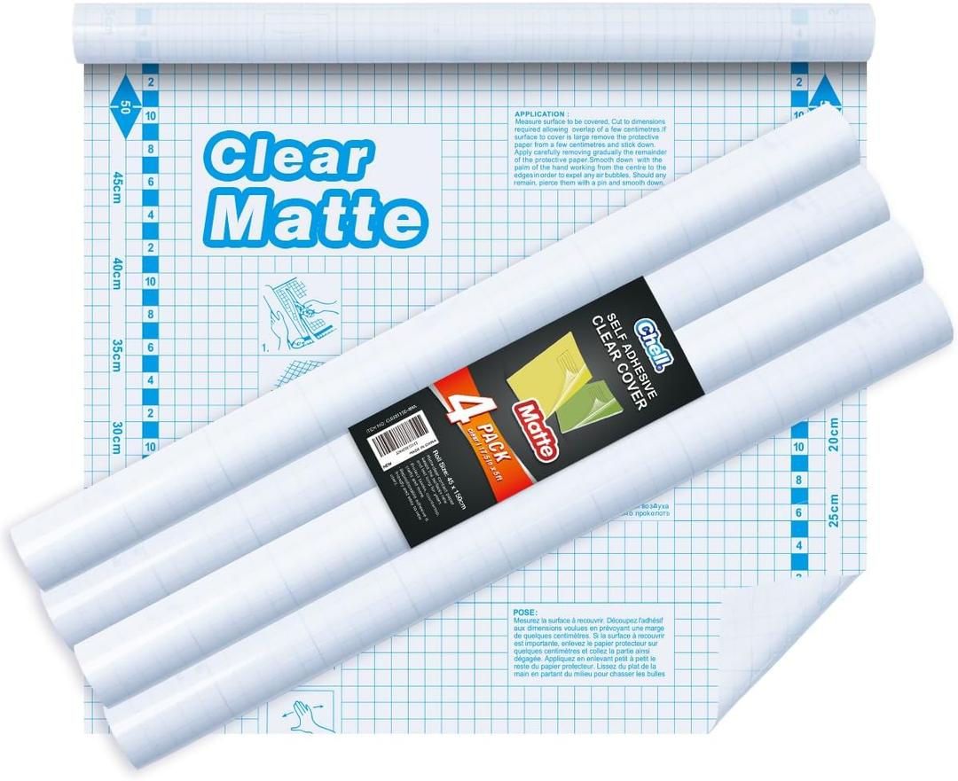 Chell 4 Pack Matte Clear Contact Paper Roll for Books, Crafts and Countertops, Self Adhesive Book Cover, 17.5 in x 5 ft
