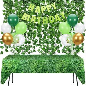 4 Pcs Jungle Safari Theme Party Decorations Set Includes Happy Birthday Banner Green Glitter Fake Vines Green and Golden Balloon Moss Pattern Plastic Tablecloth for Birthday Party