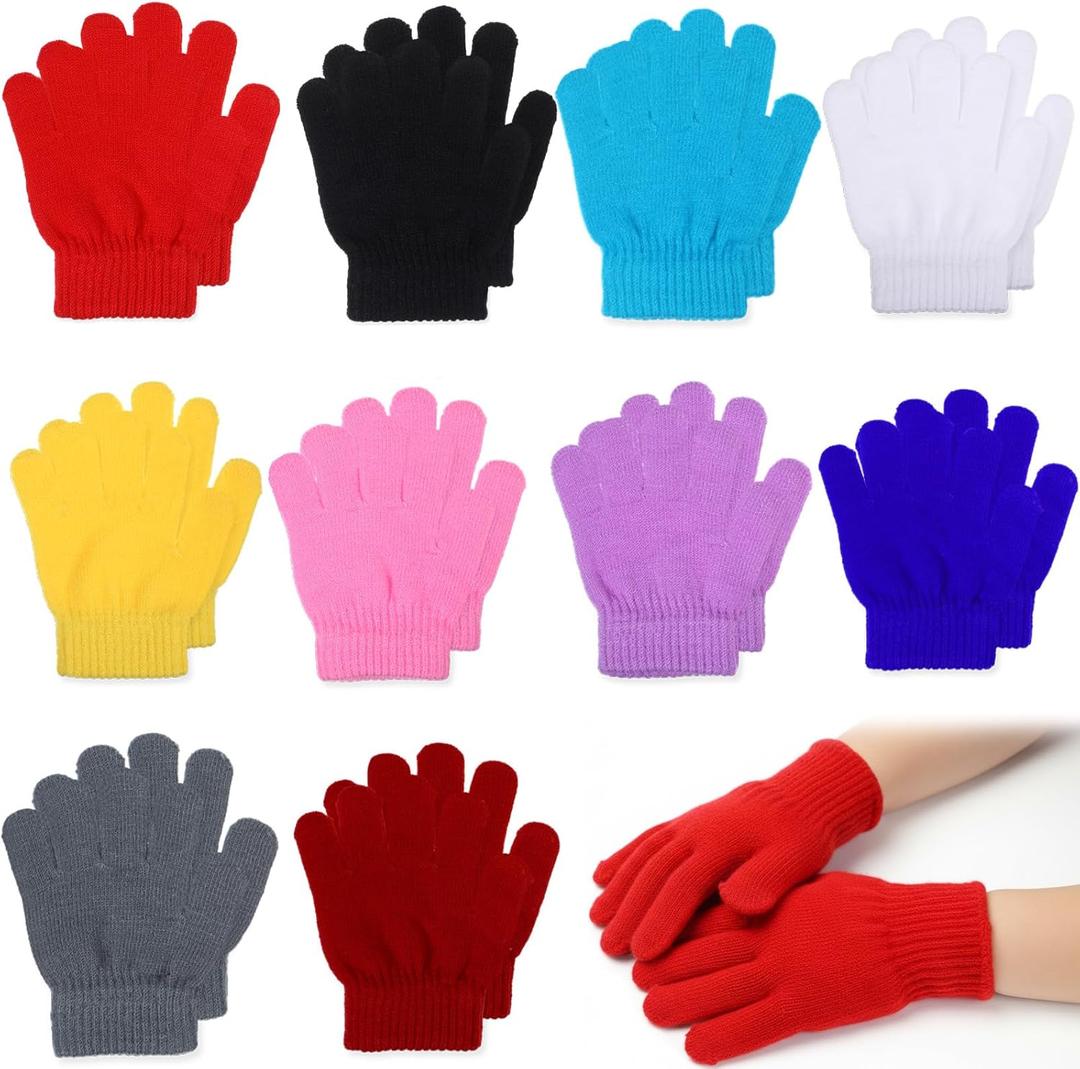 Grevosea 10 Pairs Kids Winter Gloves Full Fingers Knit Stretchy Warm Gloves Black Glove Bulk for Boys Girls 5.5" 3-10 Years