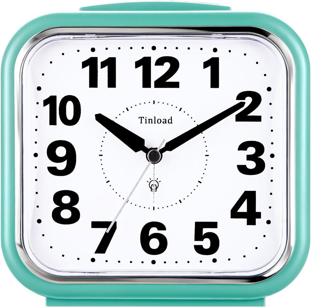 5.5" Large No Ticking Analog Alarm Clock,Silent Readable for Seniors,Easy to Set,Gradual Rise Alarm,Big Numbers,Gentle Wake,Snooze, Lighted on Demand,Battery Operated,Green