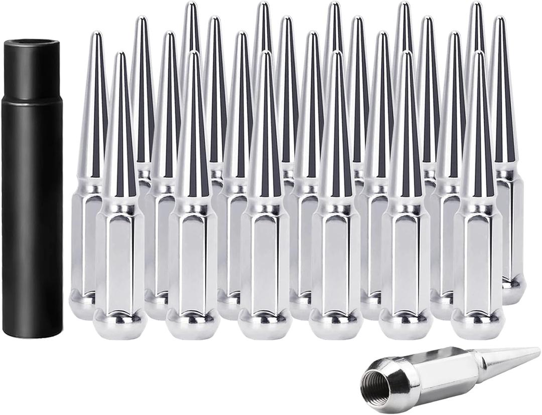 Set of 24, 14 mm x 1.5 Wheel Spike Lug Nuts, M14x1.5 Conical Bulge Seat, Closed End Spiked Lug Nuts with 1 Socket Key for Silverado Sierra 1500Aftermarket Wheel (Chrome)