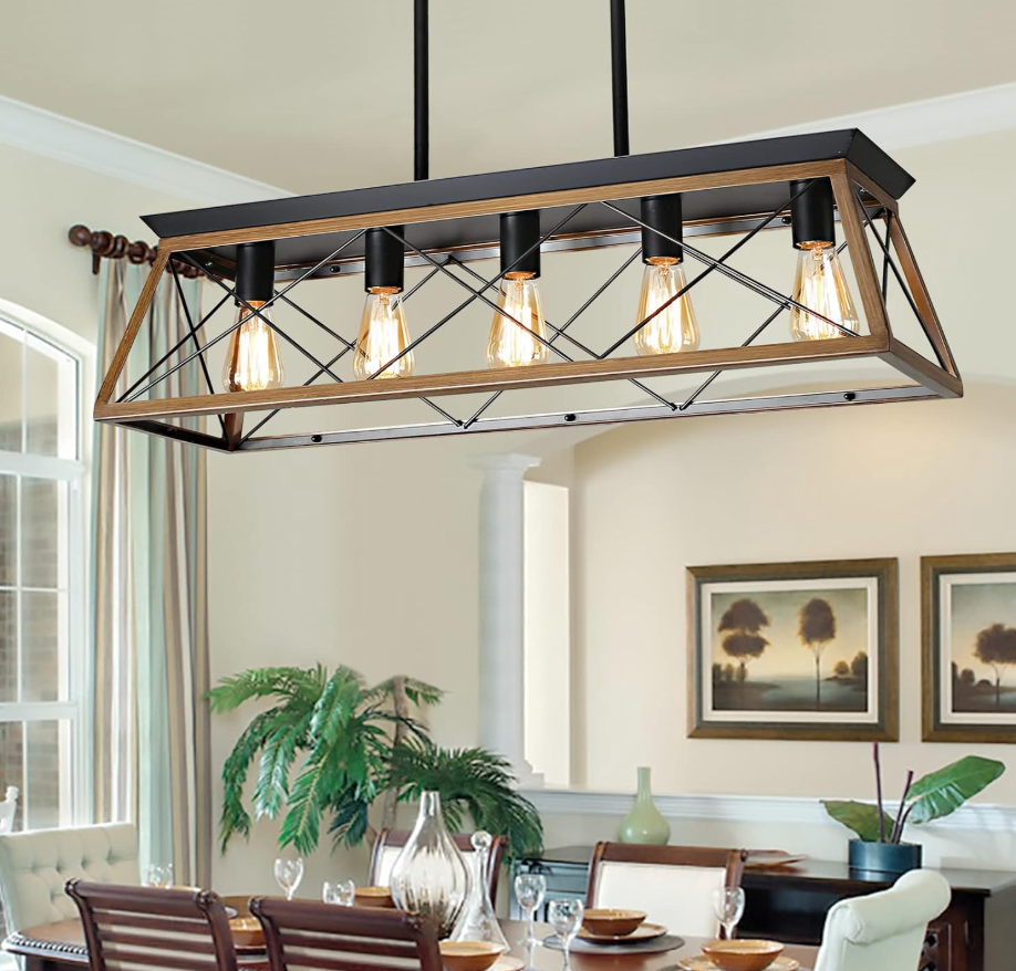 Farmhouse Chandeliers for Dining Room, Rustic Kitchen Island Light Fixture, 5-Light Linear Pendant Lighting Rectangular Chandelier, Metal Solid Ceiling Lights