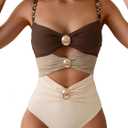 B2prity One Piece Swimsuit for Women Cutout Monokini Color Block Bathing Suit Ruched Sexy Swimwear (Medium, Brown Beige)
