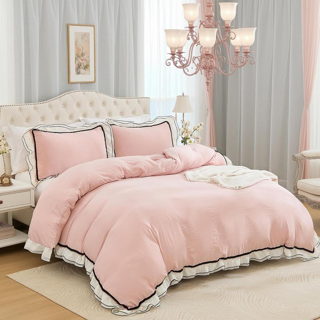 Herside Pink Comforter Set King Size,Ruffle Pompoms Chic French Style Bedding Sets,Fluffy Coquette Comforters Sets for All Season,Vintage Ruffled Lightweight Quilt Set for Women Girls Room Decor