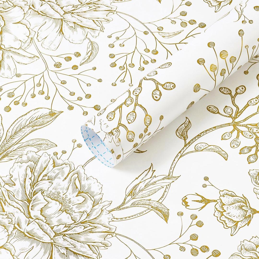 Safiyya Peel and Stick Wallpaper Boho Floral Contact Paper 197" x 17.3" Gold and White Wall Paper Modern Self Adhesive Removable Wallpaper for Bedroom Bathroom Vinyl Rolls