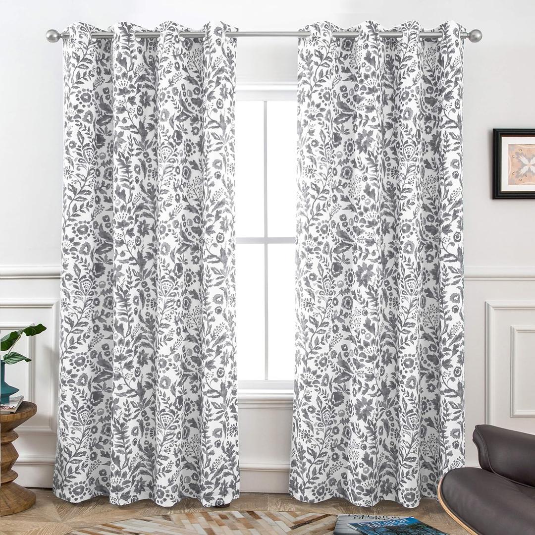 DriftAway Julia Blackout Curtains for Bedroom Gray Floral Watercolor Pattern Double Layer Thermal Insulated Sound Reducing Room Darkening Drapes for Living Room Grommet 2 Panels Each W52 x L84 Gray