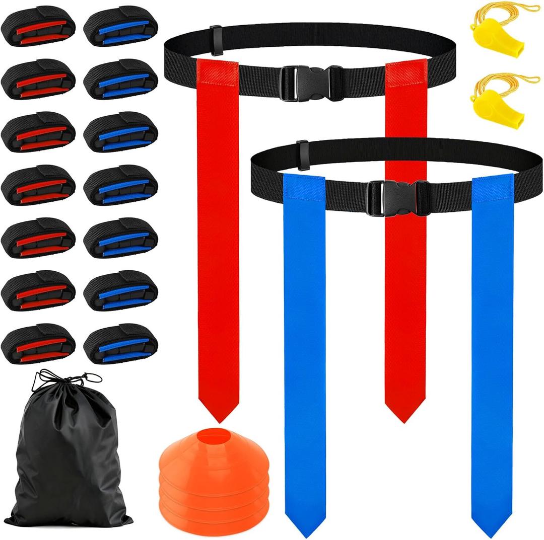 CHERAINTI Flag Football Belts Set, 14 Players Adjustable Extended Youth Flag Football Set for Kids, Teens & Adults, Ideal for Team Training and Outdoor Games, Includes Cones, Whistles & Carry Bag