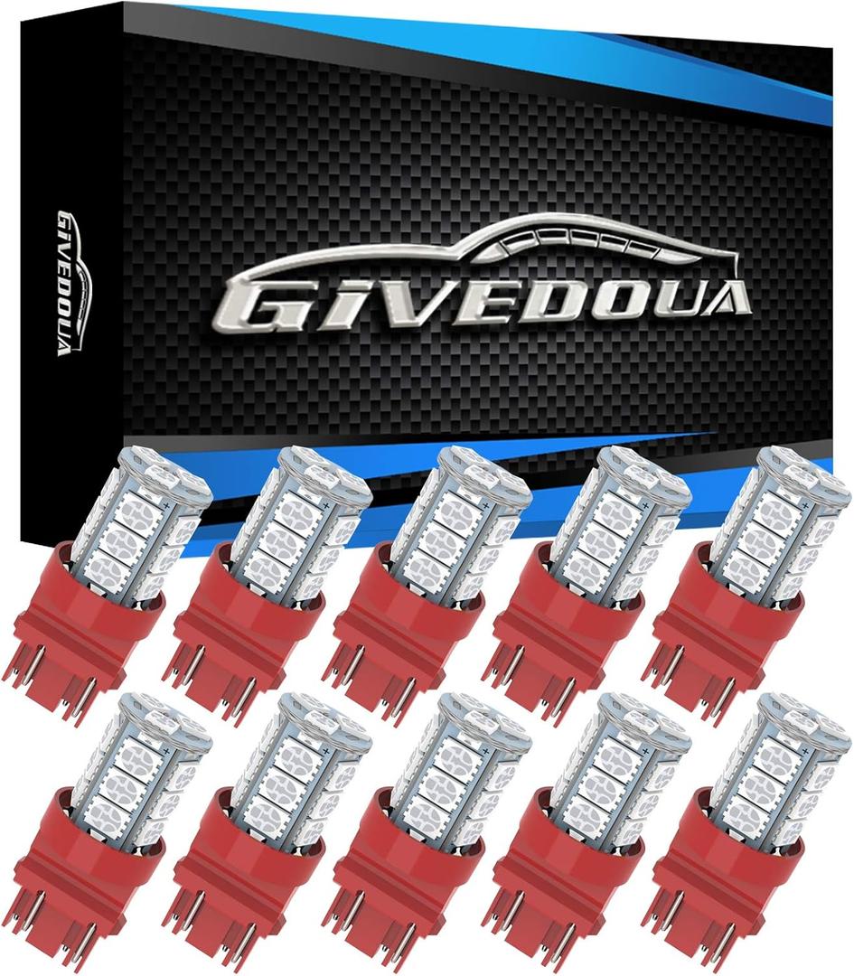 GIVEDOUA 3157 LED Car Bulb Super Bright 18-SMD 5050 Chips, 3056 3156 3156A 3057 4057 3157 4157 T25 LED Car Bulbs for Brake Lights, Backup Reverse Lights, Pack of 10 Pcs Red