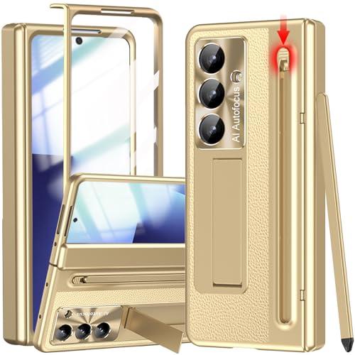 YQODSZ for Samsung Galaxy Z Fold 7 Case with S Pen Holder & Slim Stylus, Fold7 PU Leather Phone Case with Kickstand Built in Screen Protector Camera Protector Protective Cover for Z Fold 7 Gold