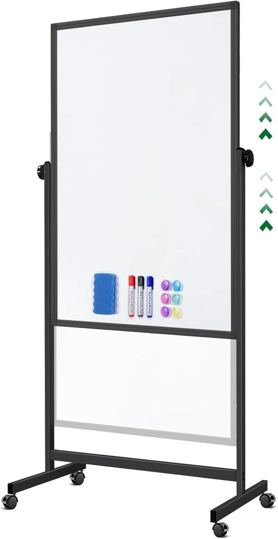 Mobile Whiteboard 32 x 48 inches Height Adjustable Dry Erase White Board, Standing Easel Whiteboard on Wheels, Double-Sided Magnetic Whiteboard with Stand for Office, Home and Classroom (Black)