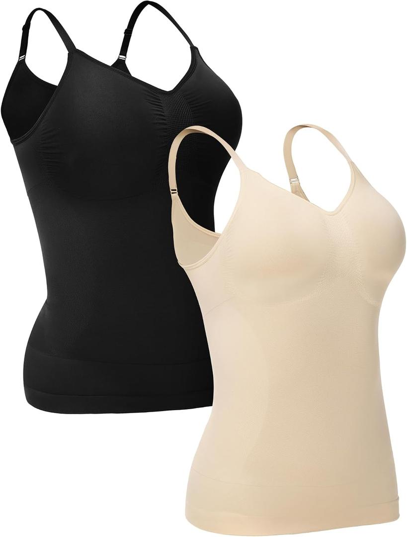 Shapewear Compression Camisoles for Women, Tummy Control Tank Top 2-Pack | Black&Nude, medium compression for a shaping,No rolling or shifting ，Lightweight, breathable for daily wear and layering (M)