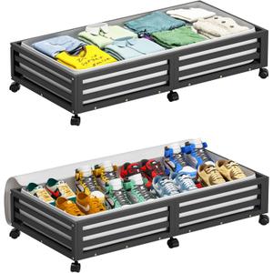 Wisuce Bamboo Under Bed Storage Containers- Underbed Organizer with Wheels with Large Dust Bag,Sturdy Wood Rolling Under the Bed Shoe Storage Organizer Drawer 2 Packs (Black, Long)
