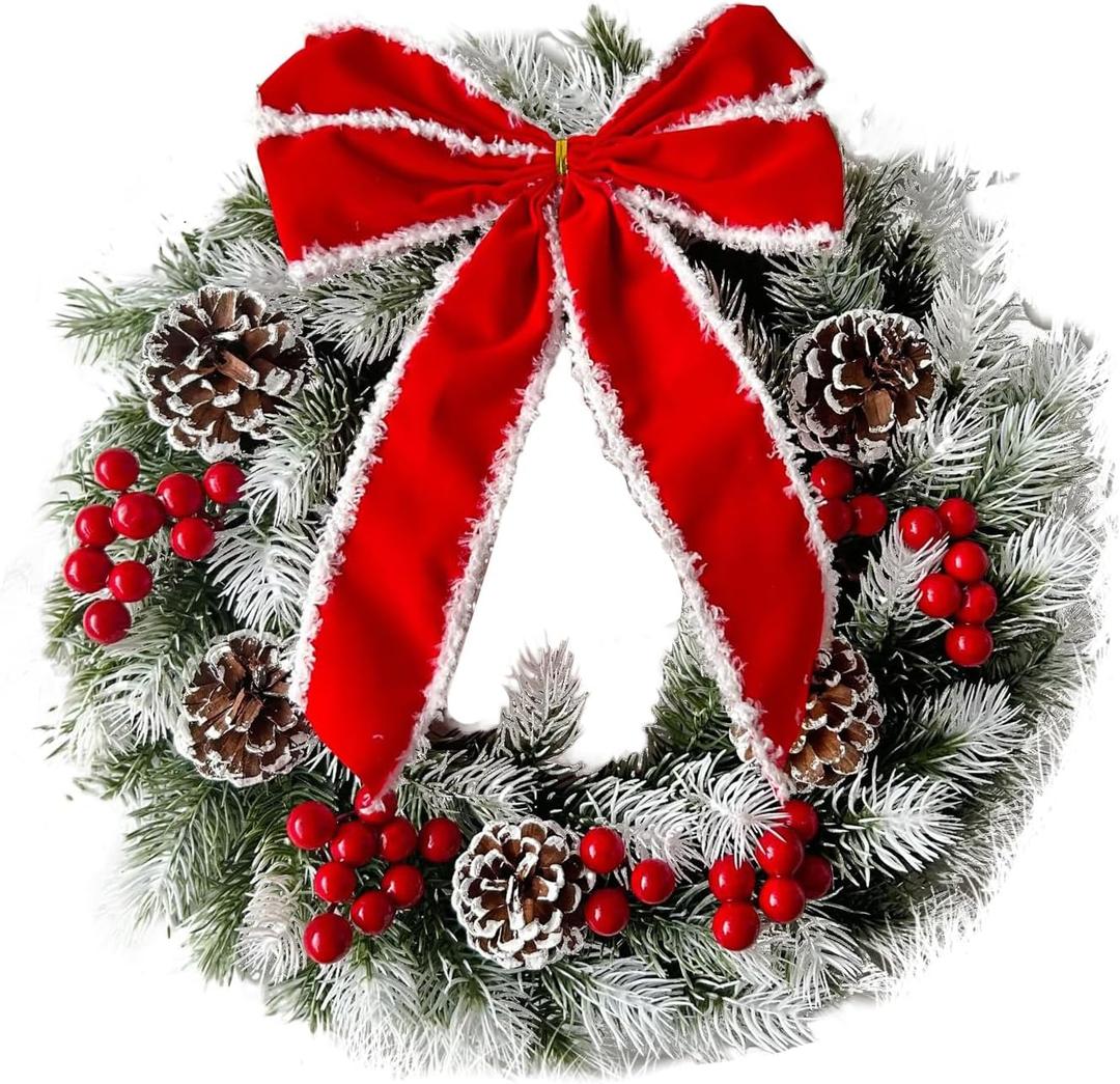 Pre-Lit Artificial Christmas Wreath,Decor with Pinecones Pine Needles Branches Red Berry Mini Bow for Front Door (Red, 15.75 inch)