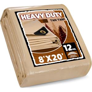 RAINDEWAY 8x20 Feet Heavy Duty Tarp,12 Mil Tan Waterproof Poly Tarp Cover, UV Resistant, Weatherproof, Durable, Multipurpose Tarps with Grommets and Reinforced Edges