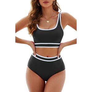 Adisputent Womens High Waisted Bikini Color Block Swimwear Bandeau Top Sports Style Scoop Crop Swimsuit 2 Piece Bathing Suits (XX-Large, Black With White)