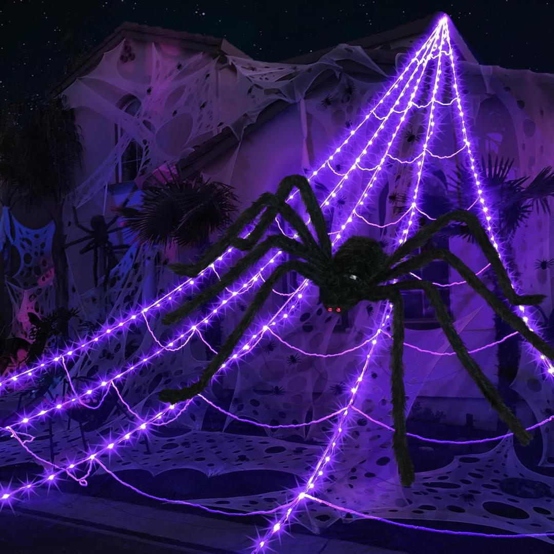 inst Spider Webs Halloween Decorations Outdoor 290LED Halloween Spider Web Lights Decoration with 78.7'' Large Spider & 3.53oz Stretch Cobweb 23Ft Giant Lighted Web with 8 Modes (Purple)