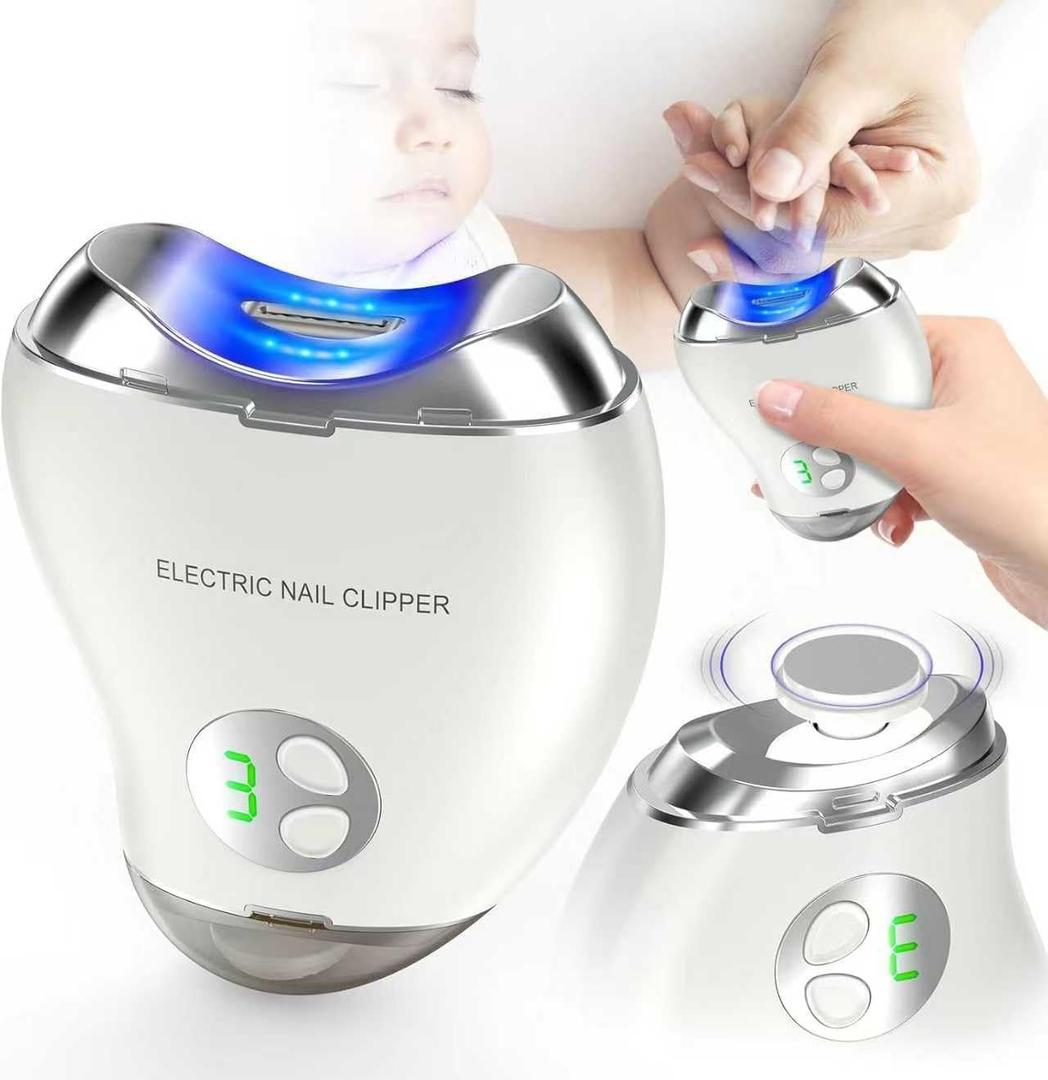 Automatic Electric Nail Clipper, 2 in 1 Baby Nail Trimmer with LED Light & Storage Box, Safe Nail File for Baby, Kids, Adults, Rechargeable Portable Fingernail Cutter with 3 Speed Gears